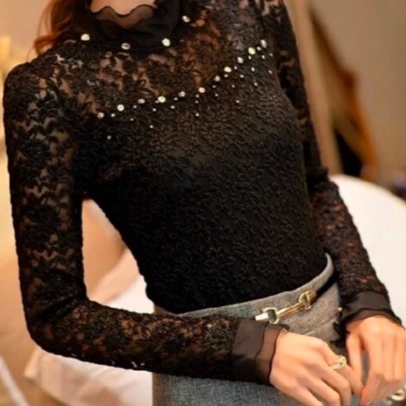 Kiuyafashion Tops - Kiuyafashion Black Lace Top w/Sheer Stand up collar & Rhinestone Details Size M